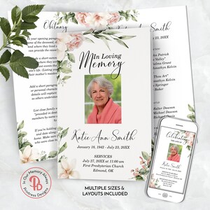 Programa funerario floral ruborizado, plantilla de obituario, programa de celebración de la vida, servicio conmemorativo, plantilla editable QFP 21553