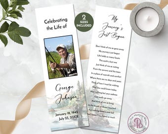 Stream Fishing Printable Funeral Bookmark Template, Editable Memorial Bookmark Template, Funeral Keepsake Favor, Templett QBKM 21586