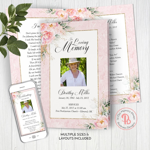 Blush Pink Roses Funeral Program Template, Obituary/Order of Service Template, Printable Memorial Service, Edit in Templett, ZFP 21525