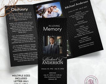 Black Leather Trifold Funeral Program, Obituary Template, Sophisticated Memorial Service Celebration of Life Program, Templett QFP3 21295