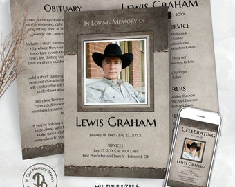 Rustic Brown Funeral Program Template, Obituary Template, Celebration of Life Program, Memorial Service, Editable Templett QFP 21231