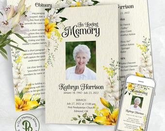 Yellow and White Funeral Program Template, Lily and Orchid Obituary/Order of Service, Printable Memorial Service, Edit in Templett QFP 21566