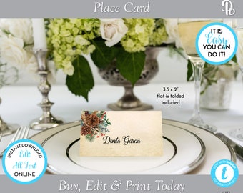 Antique Pinecone Wedding Place Cards, Reception Place Cards with Meal Choice, Printable Wedding Template, Edit in Templett, ZPCD 17283