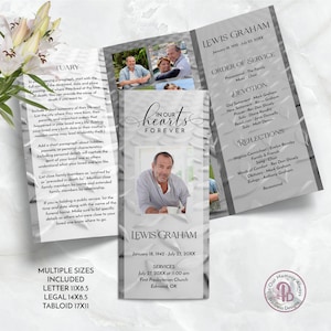 Pode incluir: Um programa de serviço memorial com uma foto de um homem, o texto "In Our Hearts Forever" e o nome "Lewis Graham". O programa inclui detalhes do serviço, datas e uma lista de oradores. O design é em tons de cinza.