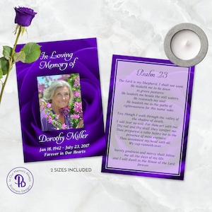 Purple Rose Funeral Keepsake Prayer Card, Memorial Favor, Celebration of Life Keepsake, In Loving Memory Edit In Templett ZPC 21021