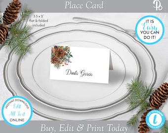 Pinecone Wedding Place Cards, Reception Place Cards with Meal Choice, Printable Wedding Template, Edit in Templett, ZPCD 17271