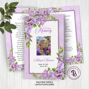 Violet Floral Funeral Program Template, Obituary/Order of Service Template, Printable Memorial Service, Edit in Templett, ZFP 21537