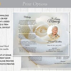 White Rose Funeral Program Template, Obituary/order of Service Template, Printable Memorial ...