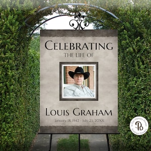 May include: A brown and white sign with a photo of a man wearing a cowboy hat. The sign reads "Celebrating the Life of Louis Graham January 18, 1942 - July 23, 20XX".
