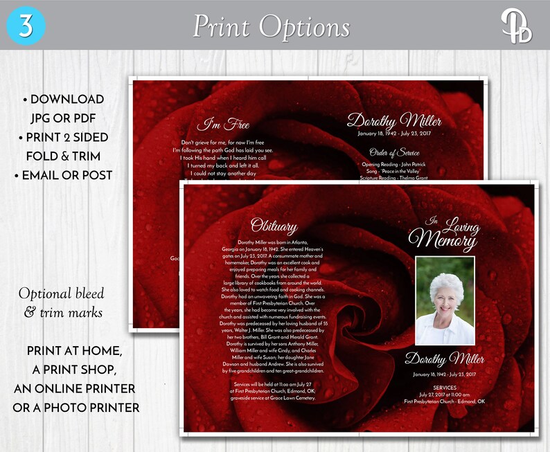 Deep Red Rose Funeral Program Template Obituary/order of Etsy Canada