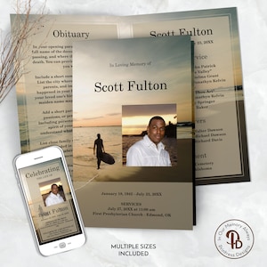 May include: A brown and tan memorial card with a photo of a man on a beach. The card includes the name Scott Fulton, dates of birth and death, and information about a memorial service. The text "In Loving Memory of" is printed at the top of the card.