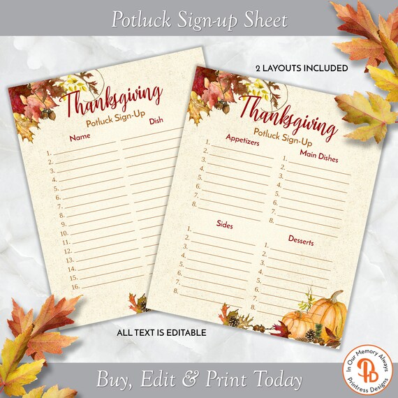 Fall Harvest Thanksgiving or Friendsgiving Potluck Sign-up Sheet, Potluck Invite, Two Layouts Included, ZHLPLS 20097