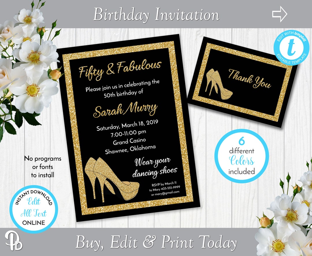 Glitter Birthday Party Invitation, High Heels Birthday Party Invitation ...