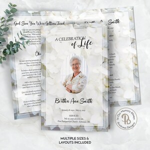 Könnte beinhalten: Eine weiße Trauerkarte mit Blumenmuster, einem Foto einer Frau und dem Text "A Celebration of Life" und "Bertha Ann Smith". Die Karte enthält auch die Daten vom 18. Januar 1932 bis zum 23. Juli 2017 und den Text "Services am 27. Juli 2017 um 11:00 Uhr First Presbyterian Church - Edmond, OK".