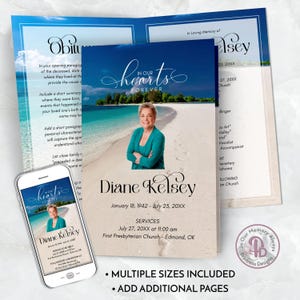 May include: A blue and white funeral program template with a photo of a woman on a beach. The text "In Our Hearts Forever" is at the top of the program. The program includes the deceased's name, dates of birth and death, and service information. The program also includes the text "Multiple Sizes Included" and "Add Additional Pages".