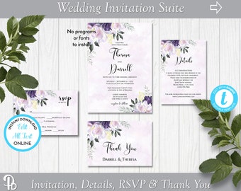 Lavender and Purple Floral Wedding Invitation Suite, Spring Floral Wedding, Printable Wedding Template, Edit in Templett, ZWA 17285
