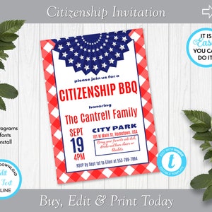 Citizenship BBQ Invitation Template, Citizenship Celebration, Naturalization Celebration, Edit in Templett, ZSS 19004 P104