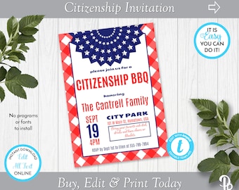 Citizenship BBQ Invitation Template, Citizenship Celebration, Naturalization Celebration, Edit in Templett, ZSS 19004 P104