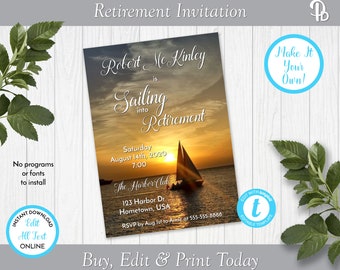 Sailing Into the Sunset Retirement Party Invitation Template, Retirement Celebration, Retirment Party Invite, Edit in Templett, ZRT 24010