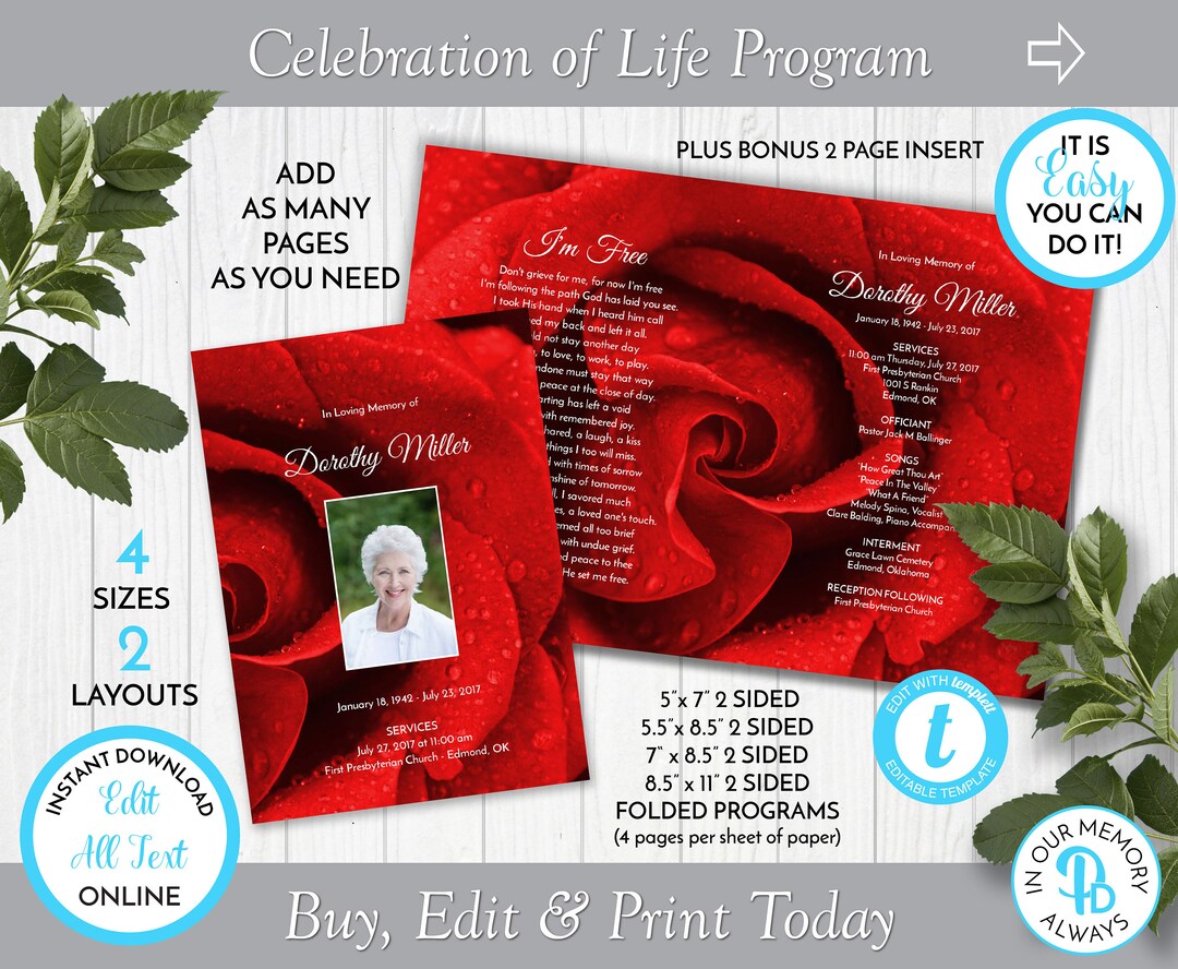 Red Rose Funeral Program Template Obituary/order of Service Etsy