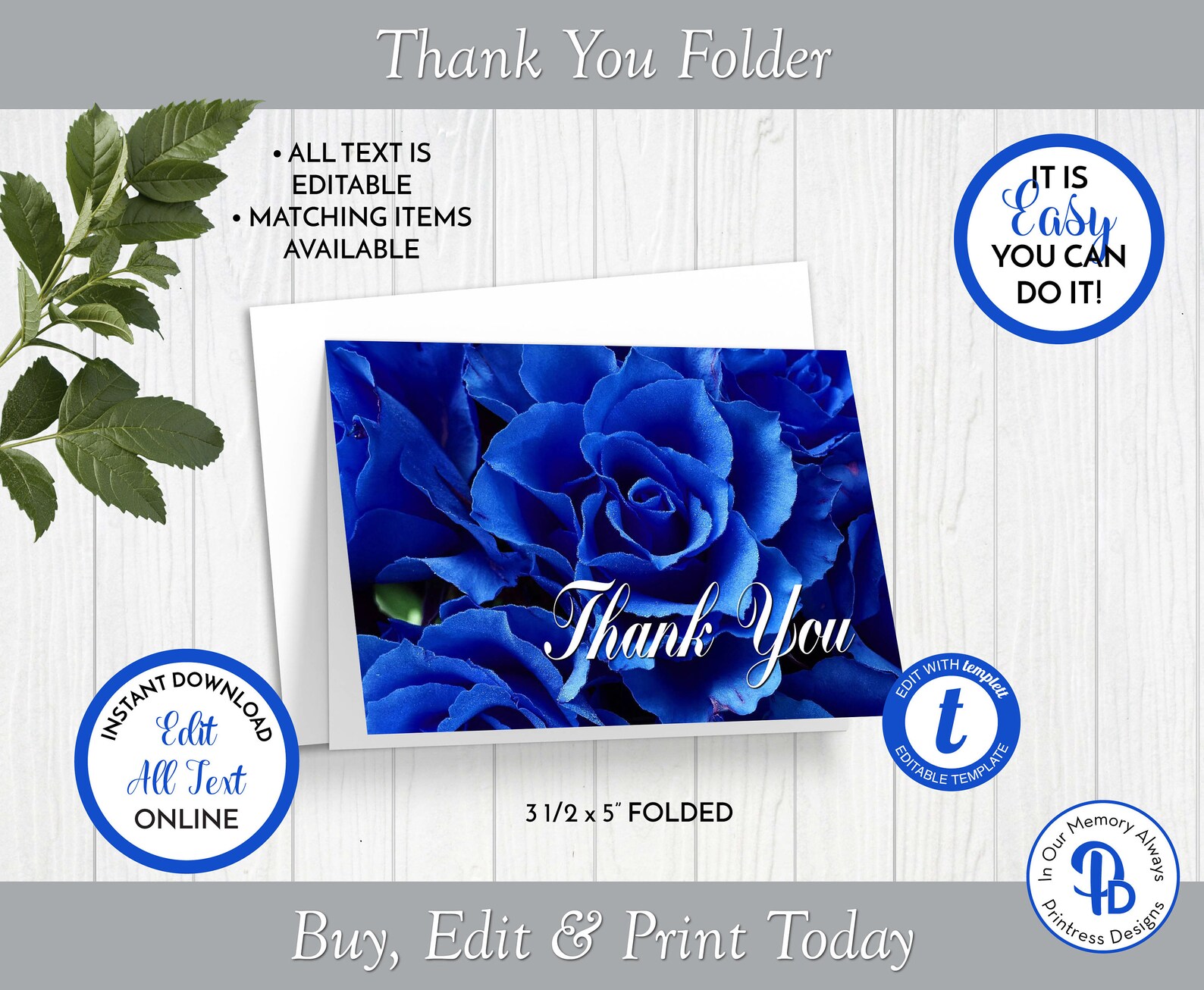 Blue Rose Funeral Thank You Cards, Memorial Favor, Celebration of Life ...