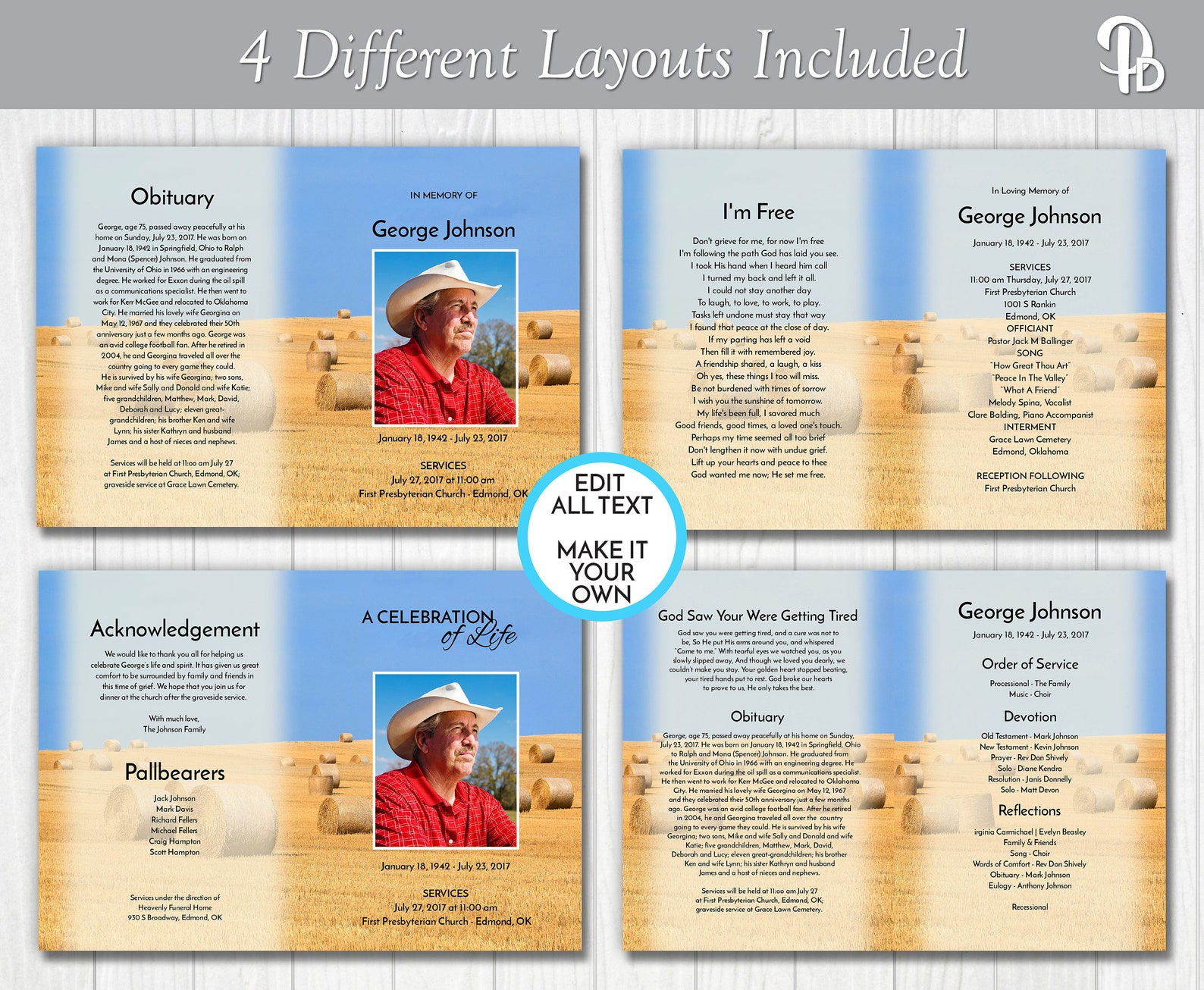 Farmer's Funeral Program Template Obituary/order of | Etsy