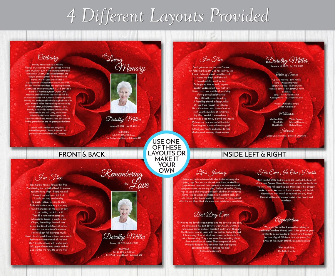 Red Rose Funeral Program Template, Obituary/order of Service Template