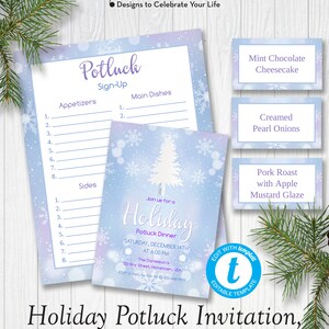 Snowflake Holiday Potluck Invitation Set, including Sign-up Sheet, and Tent Food Labels, Christmas Potluck Invite, ZHLPL 20079