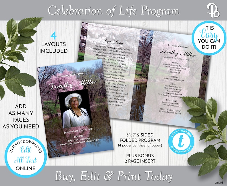 Riverside Cherry Tree Funeral Program Template Obituary/order Etsy