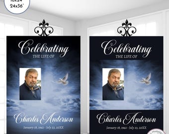 Blue Sky Dove Funeral Welcome Sign, Celebrating the Life of Sign, Printable Funeral Sign, 2 sizes, Editable Instant Download, QFWS 21244