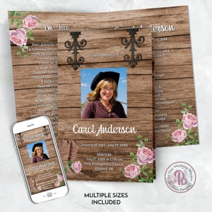 May include: A wooden background with a pink floral design and a photo of a woman. The text "I'm Free" is on the left side of the image. The text "In Loving Memory of Carol Anderson" is in the centre of the image. The text "Celebrating Carol Anderson" is on the left side of the image. The text "Services July 27, 20XX at 11:00 am First Presbyterian Church Edmond, OK" is at the bottom of the image. The text "Multiple Sizes Included" is at the bottom of the image.