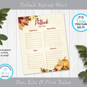 May include: Printable potluck sign-up sheet with a fall theme. The sheet has sections for appetizers, main dishes, sides, and desserts. It features a watercolor illustration of autumn leaves and pumpkins.