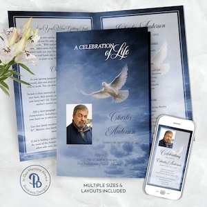Blue Sky Dove Funeral Program, Obituary Template, Celebration of Life Program, Memorial Service, Digital Announcement QFP 21244