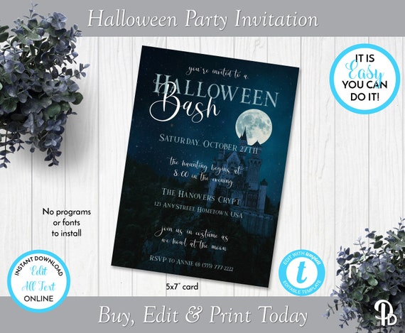 Full Moon Printable Halloween Costume Bash Invitation Edit in | Etsy