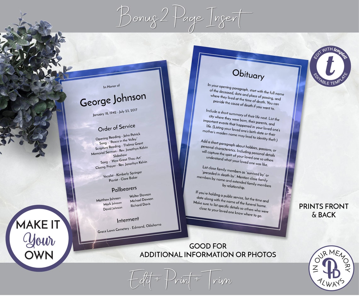 Thunder and Lightning Funeral Program Obituary Template Etsy