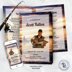 May include: A memorial card with a sunset landscape and a photo of a man holding a fish. The card reads "In Loving Memory of Scott Fulton" and includes dates of birth and death, service information, and the text "Celebrating the Life of Scott Fulton".