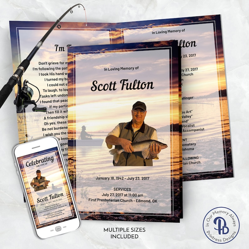 Fish Funeral Program Design Sunset Fishing Funeral Program Template, Obituary Program, Order of ...