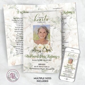 Könnte beinhalten: Eine Gedenkkarte mit einem Foto einer Frau, floralen Akzenten und dem Text "In Our Hearts Forever". Die Karte enthält den Namen Barbara Ann Kelsey, Geburts- und Sterbedaten sowie Servicedetails. Ein Telefon zeigt das gleiche Design.