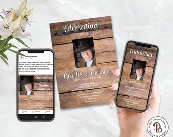 Aged Rustic Wood Digital Funeral Invitation, Electronic Funeral Announcement, Memorial Service Invitation, Funeral Evite ZFPI 21074
