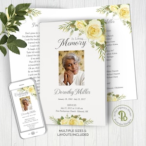 Soft Yellow Roses Funeral Program Template, Obituary/Order of Service Template, Printable Memorial Template, Edit in Templett, ZFP 21517