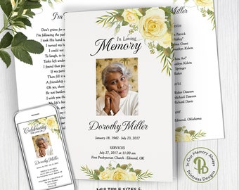 Soft Yellow Roses Funeral Program Template, Obituary/Order of Service Template, Printable Memorial Template, Edit in Templett, ZFP 21517