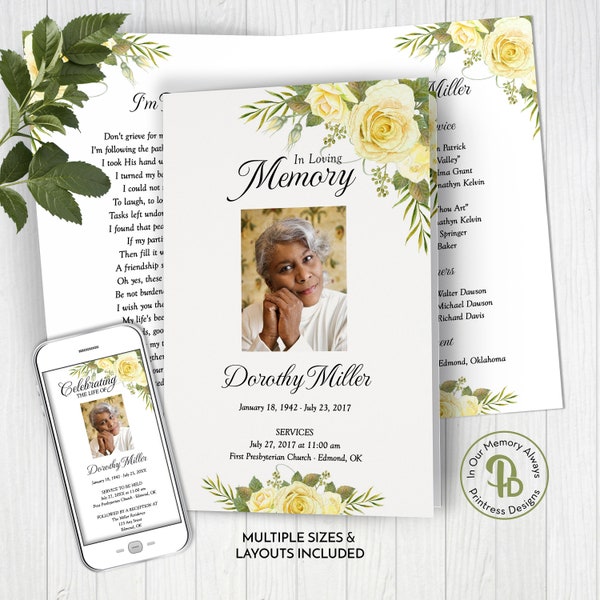 Soft Yellow Roses Funeral Program Template, Obituary/Order of Service Template, Printable Memorial Template, Edit in Templett, ZFP 21517