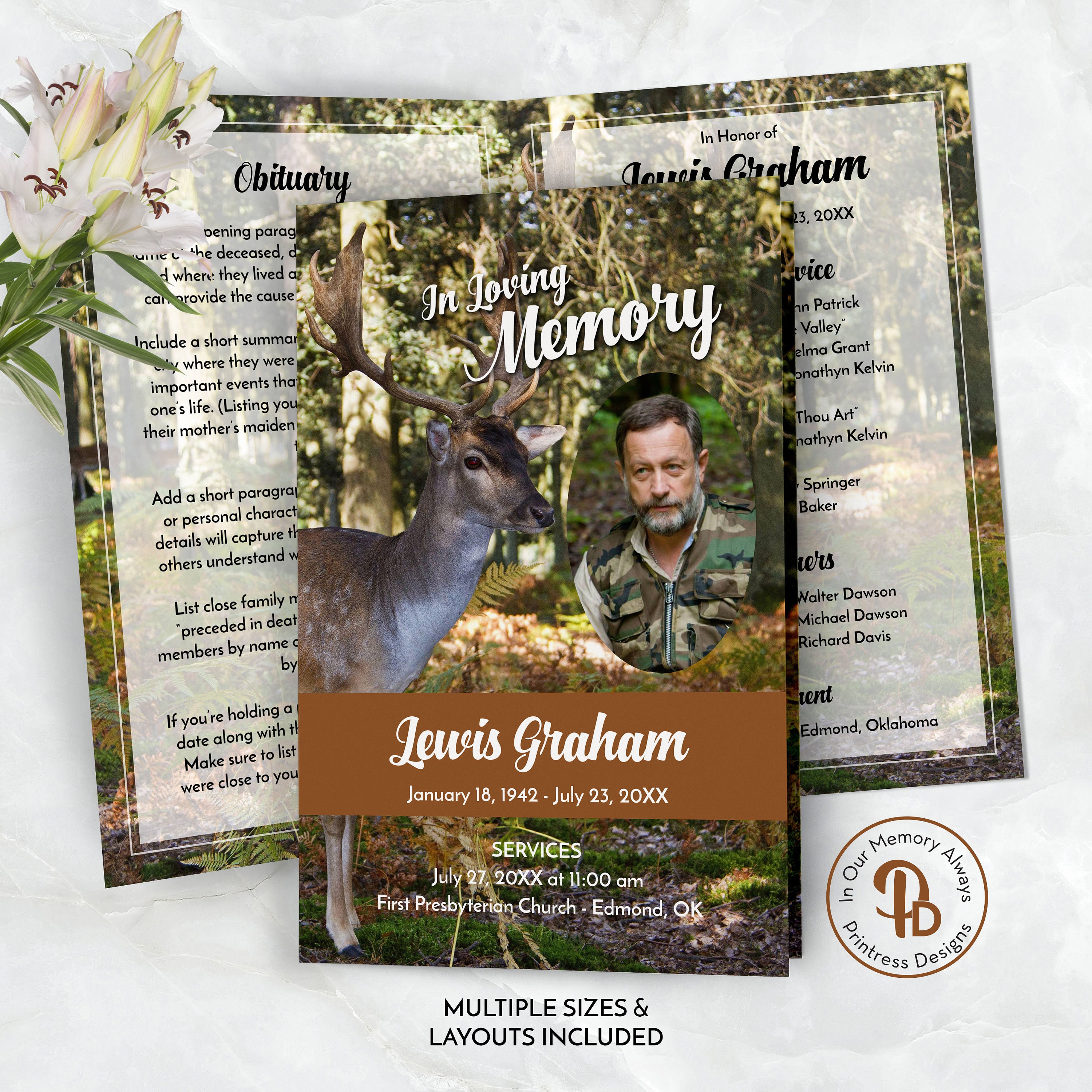 Funeral Program Template for Deer Hunter, Obituary Template, Order of Service Celebration of Life Program, Memorial Service, QFP 21223