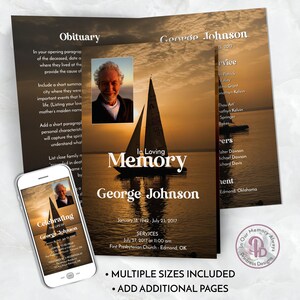 May include: A memorial card with a photo of a man and a sailboat on a sunset background. The text "In Loving Memory" is printed in large letters above the name "George Johnson". The card includes the dates of birth and death, service information, and the text "Multiple Sizes Included" and "Add Additional Pages".