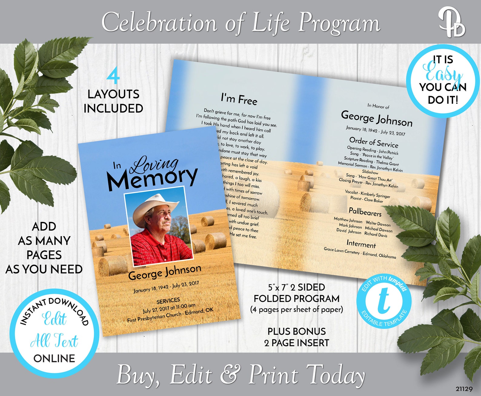 Farmer's Funeral Program Template Obituary/order of Etsy