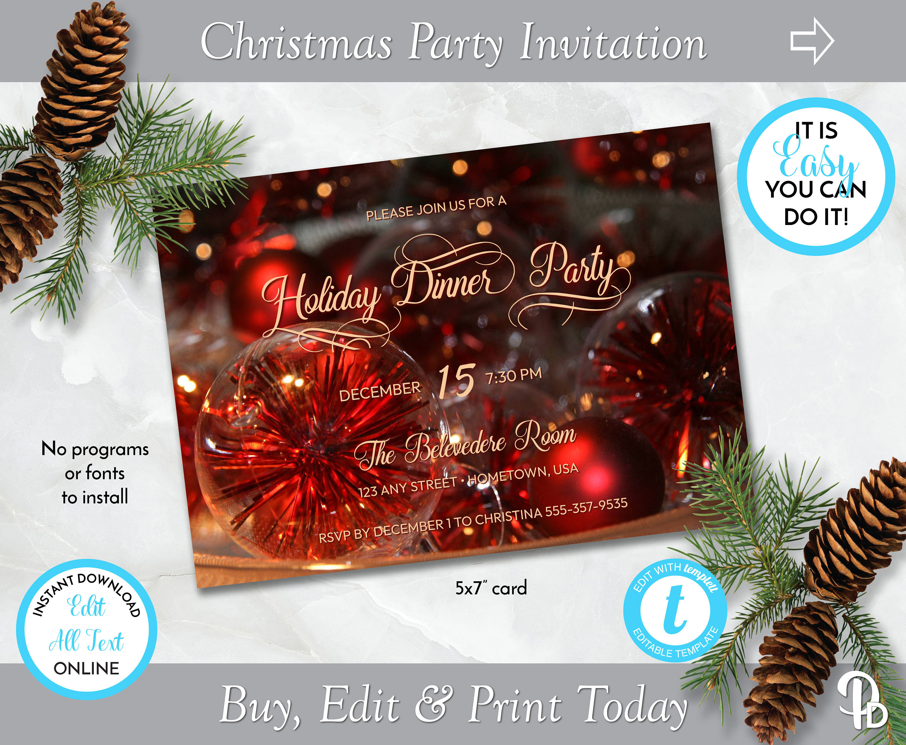 Red Ornaments Christmas Party Invitation, Holiday Invitation, Christmas  Dinner Invite, Printable Invite, Edit in Templett ZHL 20176 - Etsy, image size:3000x2467