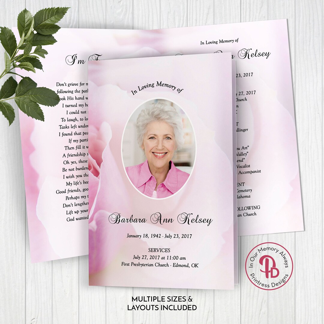 Pale Pink Rose Funeral Program Template, Obituary/order of Service ...