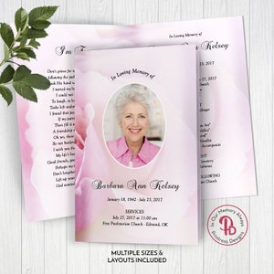 Pale Pink Rose Funeral Program Template, Obituary/Order of Service Template, Printable Memorial Service, Edit in Templett, ZFP 21055