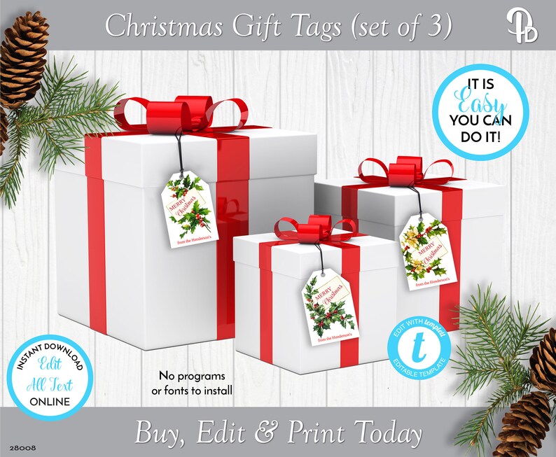 Christmas Holly Gift Tags Template Holiday Ornament Gift - Etsy