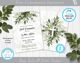 Green Foliage First Communion Invitation, Printable First Holy Communion Invite, 2 sided Invitation, Editable in Templett ZFC 23002 G101